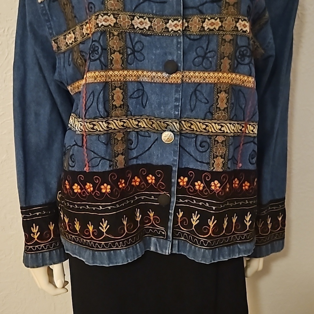 VTG TANTRUMS 1990s Denim Brocade Ribbon Embroidered Button Down Festival Shacket - Picture 5 of 8